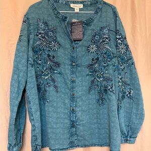 Coldwater Creek Teal Textured and Embroidered Top